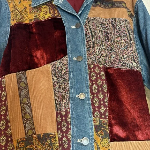 Out Of The Blue J Jill Women's Denim Patchwork Tapestry Lined Jean Jacket Sz XL - Picture 3 of 13